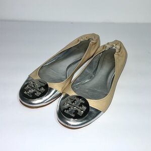 Tory Burch Serena Two Toned Silver Metallic Cap Toe Beige Reva Flats
